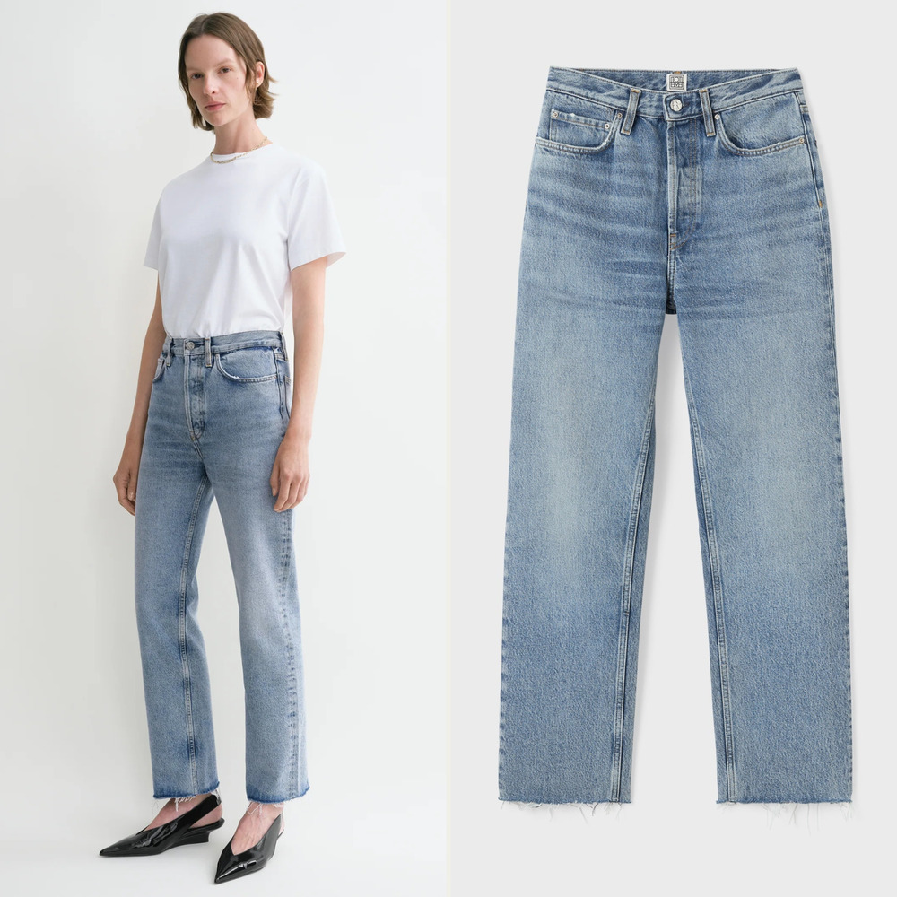 TOTEME Classic Cut Straight Leg Jeans NEW sz 26 Denim Worn Blue Ankle Frayed